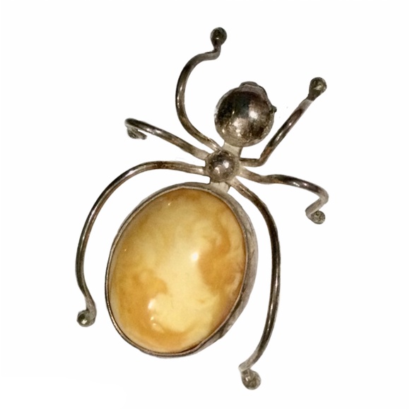 Vintage Insect Spider Brooch Pin Sterling Silver & Butterscotch Amber, Pristine! - Picture 3 of 9